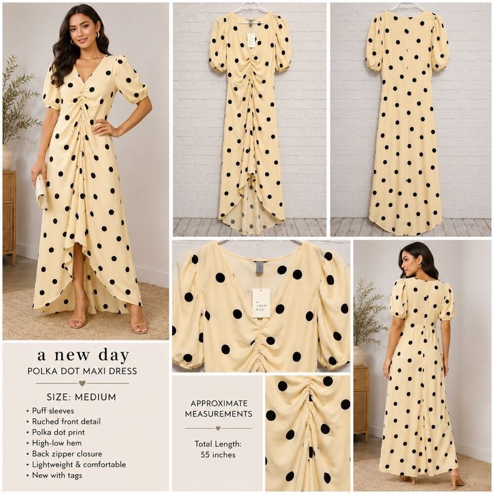 A New Day Polka Dot Maxi Dress Women’s Medium Ruched High Low Dress